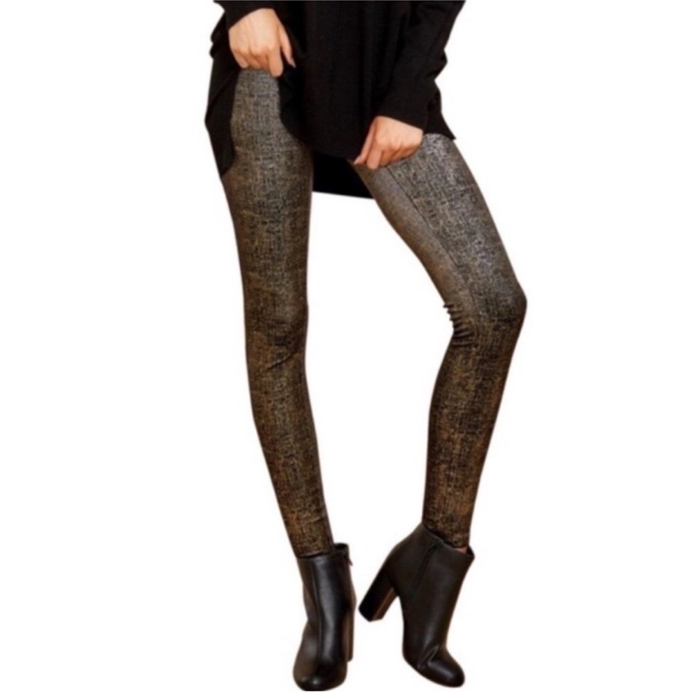 NWT Spanx Velvet Shine  Black Gold Leggings Large